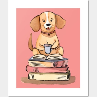 Cute Watercolor Books and Coffee and Dogs Posters and Art